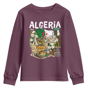 Algeria Algerian Culture and Landmarks Collage Graphic Youth Sweatshirt Proud Fennec Fox Heritage and Arabic Calligraphy