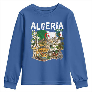 Algeria Algerian Culture and Landmarks Collage Graphic Youth Sweatshirt Proud Fennec Fox Heritage and Arabic Calligraphy