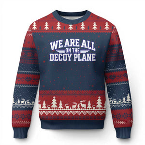 We Are All On The Decoy Plane Theories Aviator Wings Blue Ugly Christmas Sweater Funny Satirical Meme Conspiracy Commentary