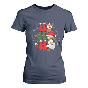 Retro Groovy Christmas Ho Ho Ho Reindeer Disco Ball Santa Xmas T Shirt For Women TS02 Navy Print Your Wear