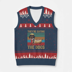 Funny Hot Dog Lover V-Neck Knit Sweater Vest They're Eating The Dogs Dachshund TS02 Navy Red Print Your Wear