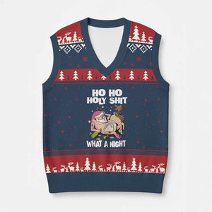 Funny Drunk Santa V-Neck Knit Sweater Vest Ho Ho Holy Shit What A Night TS02 Navy Red Print Your Wear