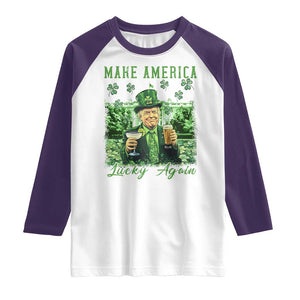 Funny St Patrick's Day Trump Raglan Shirt Make America Lucky Again TS02 White Purple Print Your Wear