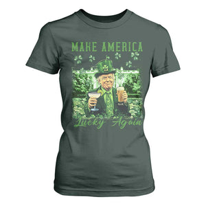 Funny St Patrick's Day Trump T Shirt For Women Make America Lucky Again TS02 Dark Forest Green Print Your Wear
