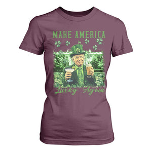 Funny St Patrick's Day Trump T Shirt For Women Make America Lucky Again TS02 Maroon Print Your Wear