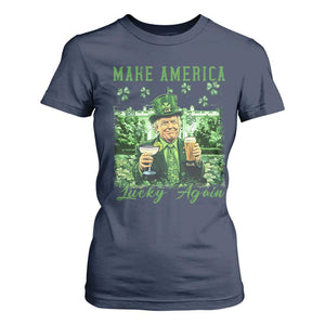 Funny St Patrick's Day Trump T Shirt For Women Make America Lucky Again TS02 Navy Print Your Wear