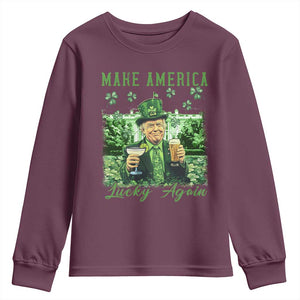 Funny St Patrick's Day Trump Youth Sweatshirt Make America Lucky Again TS02 Maroon Print Your Wear