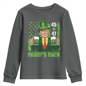 Funny St Patrick's Day Trump Youth Sweatshirt Paddy's Back 45 47 President USA Flag TS02 Dark Heather Print Your Wear