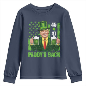 Funny St Patrick's Day Trump Youth Sweatshirt Paddy's Back 45 47 President USA Flag TS02 Navy Print Your Wear