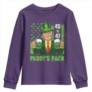 Funny St Patrick's Day Trump Youth Sweatshirt Paddy's Back 45 47 President USA Flag TS02 Purple Print Your Wear