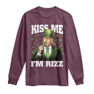 Funny St Patrick's Day Trump Long Sleeve Shirt Kiss Me I'm Rizz TS02 Maroon Print Your Wear