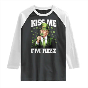 Funny St Patrick's Day Trump Raglan Shirt Kiss Me I'm Rizz TS02 Black White Print Your Wear