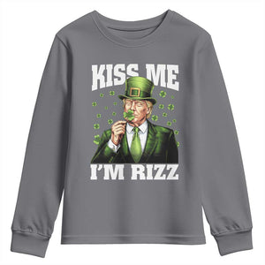 Funny St Patrick's Day Trump Youth Sweatshirt Kiss Me I'm Rizz TS02 Charcoal Print Your Wear