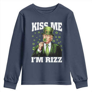 Funny St Patrick's Day Trump Youth Sweatshirt Kiss Me I'm Rizz TS02 Navy Print Your Wear