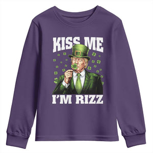 Funny St Patrick's Day Trump Youth Sweatshirt Kiss Me I'm Rizz TS02 Purple Print Your Wear