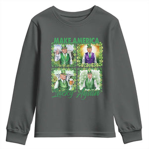 Funny St Patrick's Day Trump Youth Sweatshirt Make America Lucky Again Shamrock Retro TS02 Dark Heather Print Your Wear