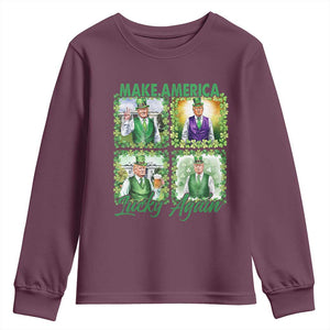 Funny St Patrick's Day Trump Youth Sweatshirt Make America Lucky Again Shamrock Retro TS02 Maroon Print Your Wear
