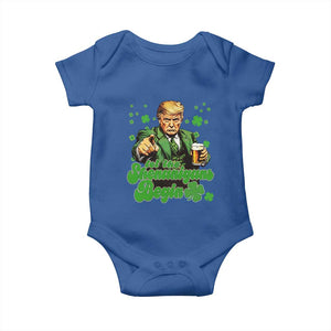 Funny St Patrick's Day Trump Baby Onesie Let The Shenanigans Begin TS02 Royal Blue Print Your Wear