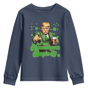 Funny St Patrick's Day Trump Youth Sweatshirt Let The Shenanigans Begin TS02 Navy Print Your Wear