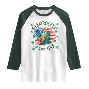 Funny St Patrick's Day Trump Raglan Shirt Shamrockin in The USA Funny TS02 White Dark Forest Green Print Your Wear