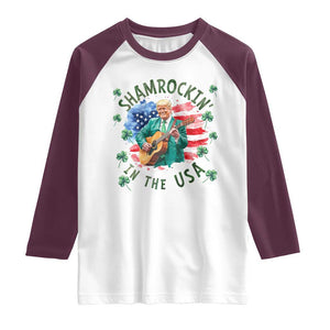 Funny St Patrick's Day Trump Raglan Shirt Shamrockin in The USA Funny TS02 White Maroon Print Your Wear