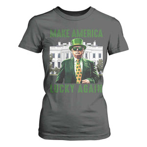 Funny St Patrick's Day Trump T Shirt For Women Make America Lucky Again Shamrock TS02 Dark Heather Print Your Wear