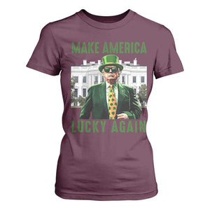 Funny St Patrick's Day Trump T Shirt For Women Make America Lucky Again Shamrock TS02 Maroon Print Your Wear