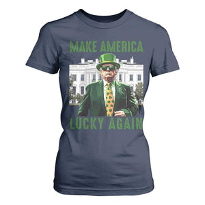 Funny St Patrick's Day Trump T Shirt For Women Make America Lucky Again Shamrock TS02 Navy Print Your Wear