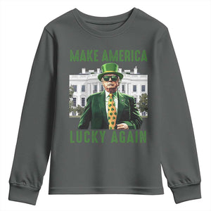 Funny St Patrick's Day Trump Youth Sweatshirt Make America Lucky Again Shamrock TS02 Dark Heather Print Your Wear