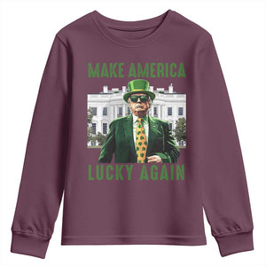 Funny St Patrick's Day Trump Youth Sweatshirt Make America Lucky Again Shamrock TS02 Maroon Print Your Wear
