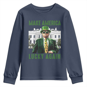 Funny St Patrick's Day Trump Youth Sweatshirt Make America Lucky Again Shamrock TS02 Navy Print Your Wear
