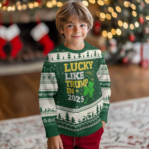 Lucky Like Trump in 2025 Ugly Christmas Sweater Funny St Patrick's Day Shamrock TS02 Forest Green Beige Print Your Wear
