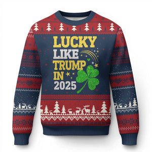 Lucky Like Trump in 2025 Ugly Christmas Sweater Funny St Patrick's Day Shamrock TS02 Navy Red Print Your Wear