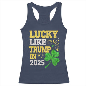 Lucky Like Trump in 2025 Racerback Tank Top Funny St Patrick's Day Shamrock TS02 Navy Print Your Wear