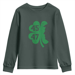 Funny St Patrick's Day Trump 45 47 Youth Sweatshirt US President Lucky Shamrock TS02 Dark Forest Green Print Your Wear