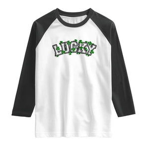 St Patricks Day Lucky Shamrock Raglan Shirt Vintage Minimalist TS02 White Black Print Your Wear