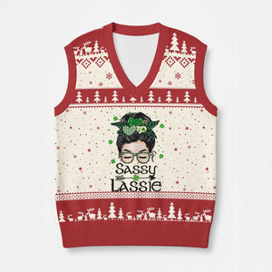 Lucky Sassy Lassie Messy Bun V-Neck Knit Sweater Vest Funny St Patricks Day TS02 Beige Red Print Your Wear
