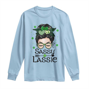 Lucky Sassy Lassie Messy Bun Long Sleeve Shirt Funny St Patricks Day TS02 Light Blue Print Your Wear