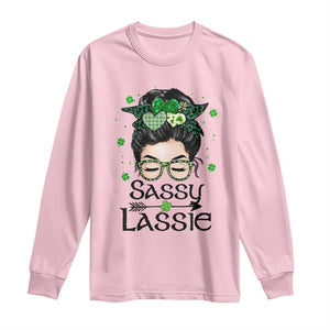 Lucky Sassy Lassie Messy Bun Long Sleeve Shirt Funny St Patricks Day TS02 Light Pink Print Your Wear