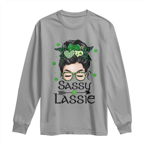 Lucky Sassy Lassie Messy Bun Long Sleeve Shirt Funny St Patricks Day TS02 Sport Gray Print Your Wear