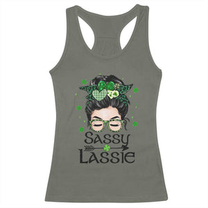 Lucky Sassy Lassie Messy Bun Racerback Tank Top Funny St Patricks Day TS02 Military Green Print Your Wear