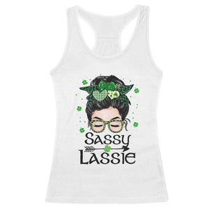 Lucky Sassy Lassie Messy Bun Racerback Tank Top Funny St Patricks Day TS02 White Print Your Wear