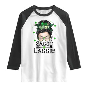 Lucky Sassy Lassie Messy Bun Raglan Shirt Funny St Patricks Day TS02 White Black Print Your Wear