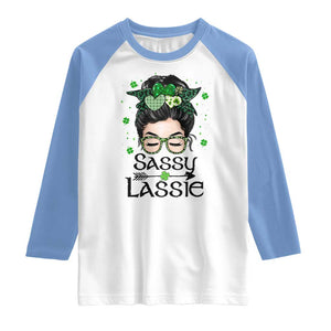 Lucky Sassy Lassie Messy Bun Raglan Shirt Funny St Patricks Day TS02 White Carolina Blue Print Your Wear