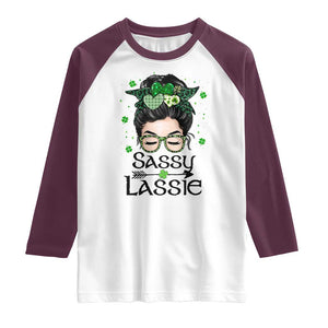 Lucky Sassy Lassie Messy Bun Raglan Shirt Funny St Patricks Day TS02 White Maroon Print Your Wear