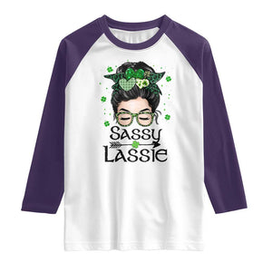 Lucky Sassy Lassie Messy Bun Raglan Shirt Funny St Patricks Day TS02 White Purple Print Your Wear