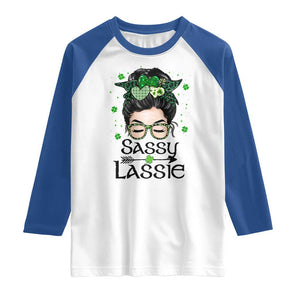 Lucky Sassy Lassie Messy Bun Raglan Shirt Funny St Patricks Day TS02 White Royal Print Your Wear