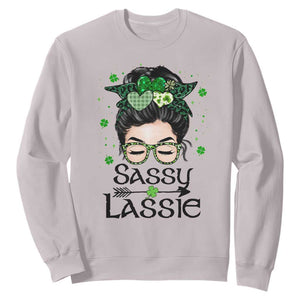 Lucky Sassy Lassie Messy Bun Sweatshirt Funny St Patricks Day TS02 Ice Gray Print Your Wear