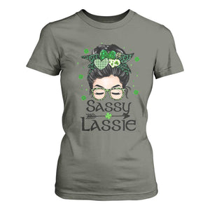 Lucky Sassy Lassie Messy Bun T Shirt For Women Funny St Patricks Day TS02 Military Green Print Your Wear