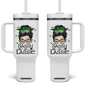 Lucky Sassy Lassie Messy Bun Tumbler With Handle Funny St Patricks Day TS02 One Size: 40 oz White Print Your Wear